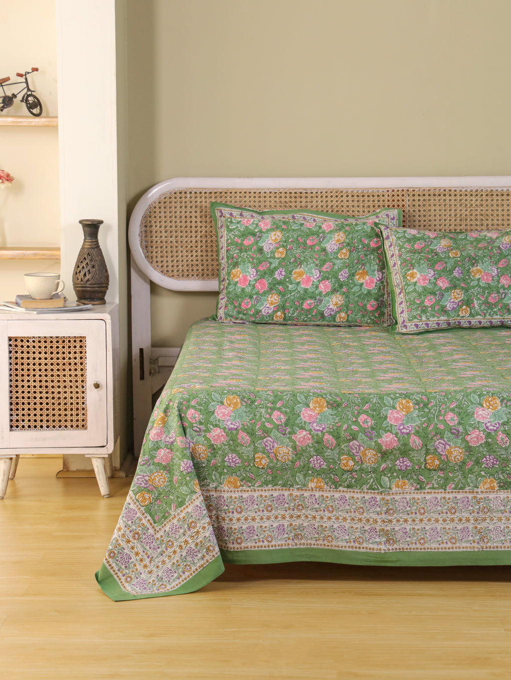 PACEFIC GREEN FOREST HAND BLOCK PRINT HAND BLOCK PRINT COTTON BEDSHEET WITH PILLOW COVER
