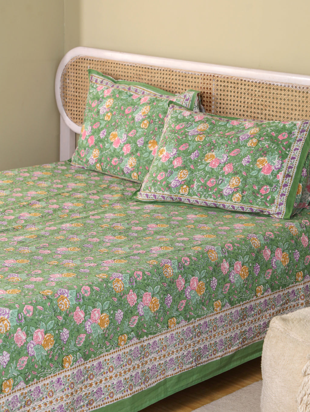 PACEFIC GREEN FOREST HAND BLOCK PRINT HAND BLOCK PRINT COTTON BEDSHEET WITH PILLOW COVER