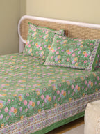 PACEFIC GREEN FOREST HAND BLOCK PRINT HAND BLOCK PRINT COTTON BEDSHEET WITH PILLOW COVER