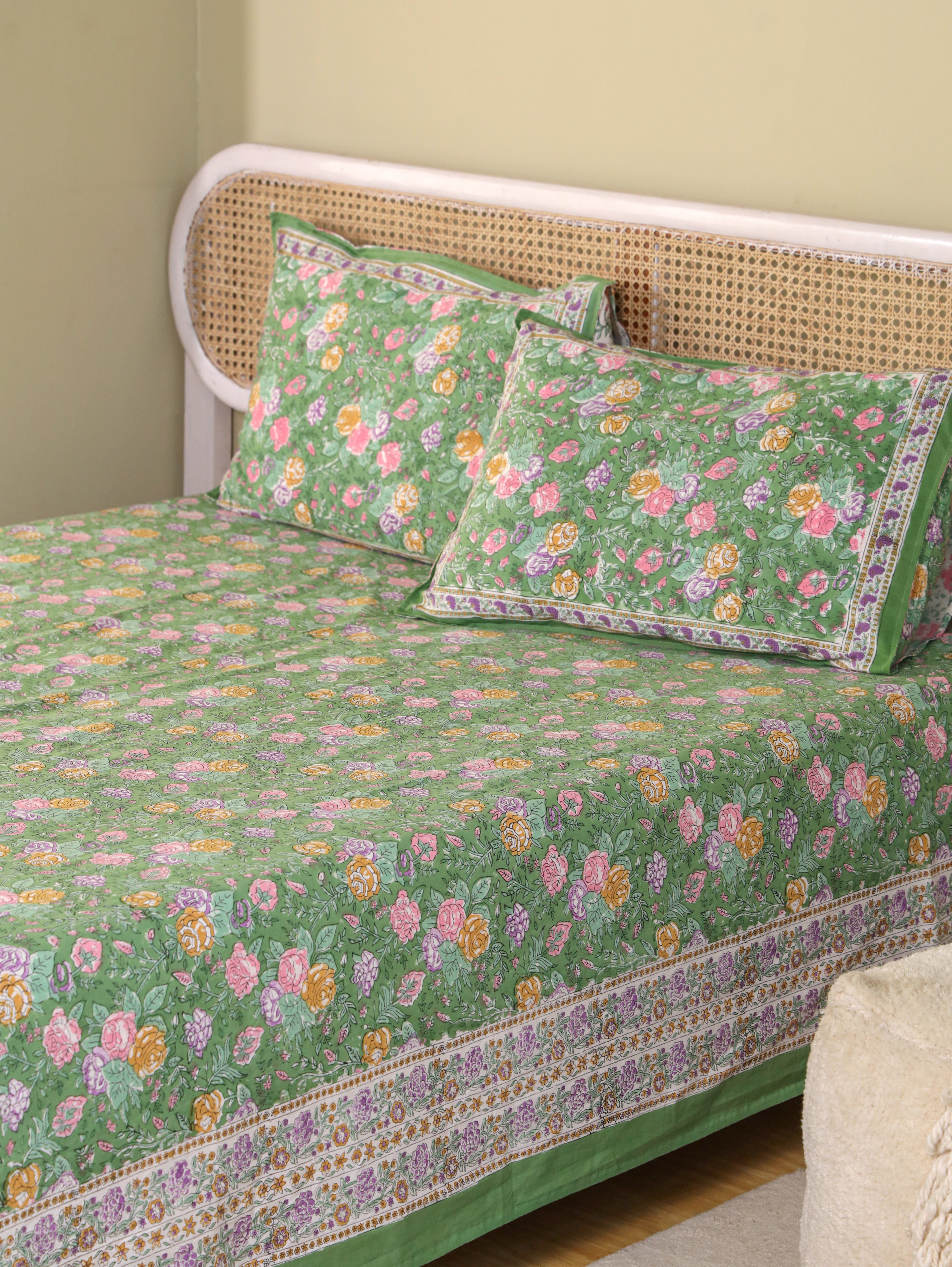 PACEFIC GREEN FOREST HAND BLOCK PRINT HAND BLOCK PRINT COTTON BEDSHEET WITH PILLOW COVER