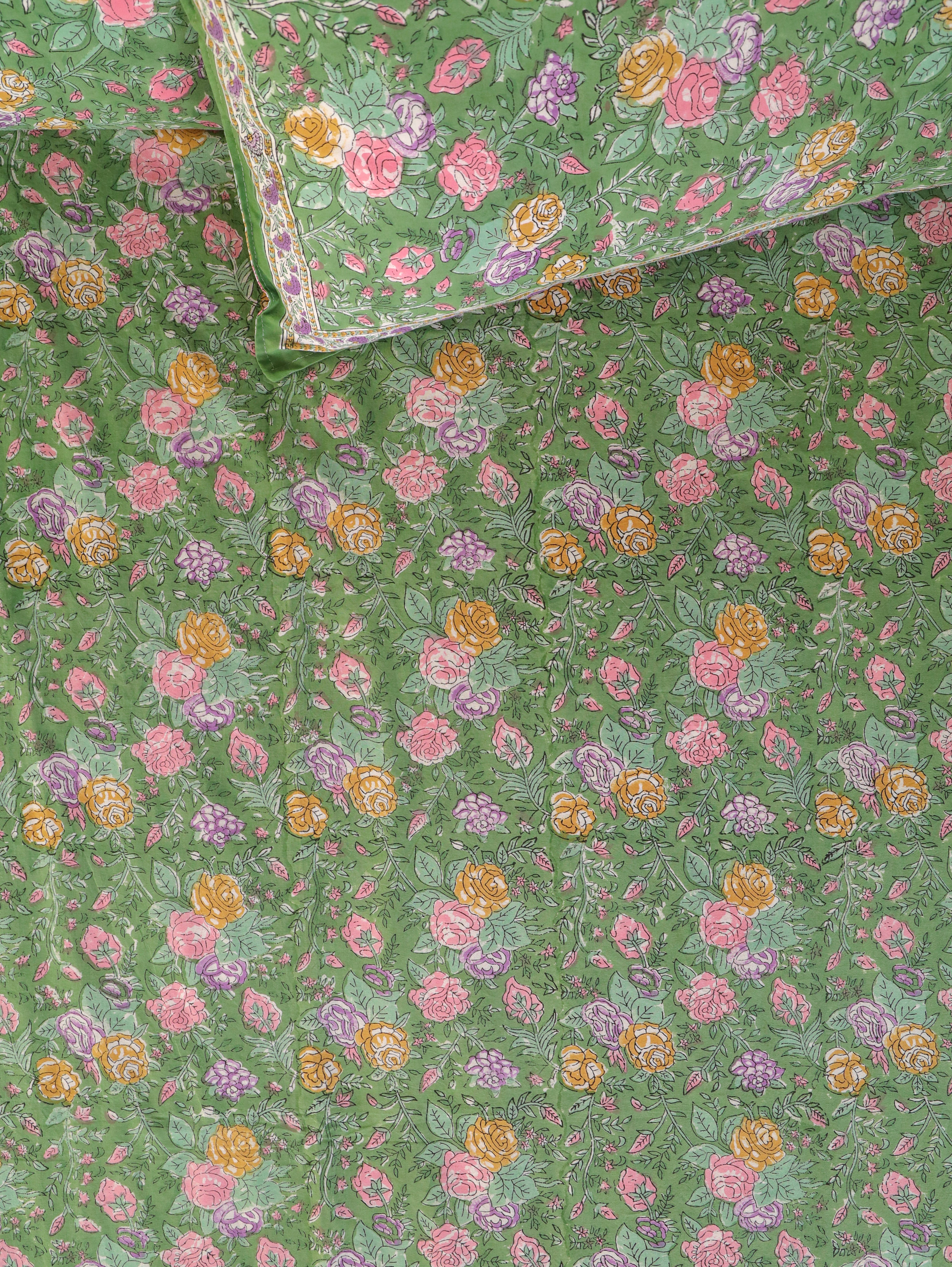 PACEFIC GREEN FOREST HAND BLOCK PRINT HAND BLOCK PRINT COTTON BEDSHEET WITH PILLOW COVER