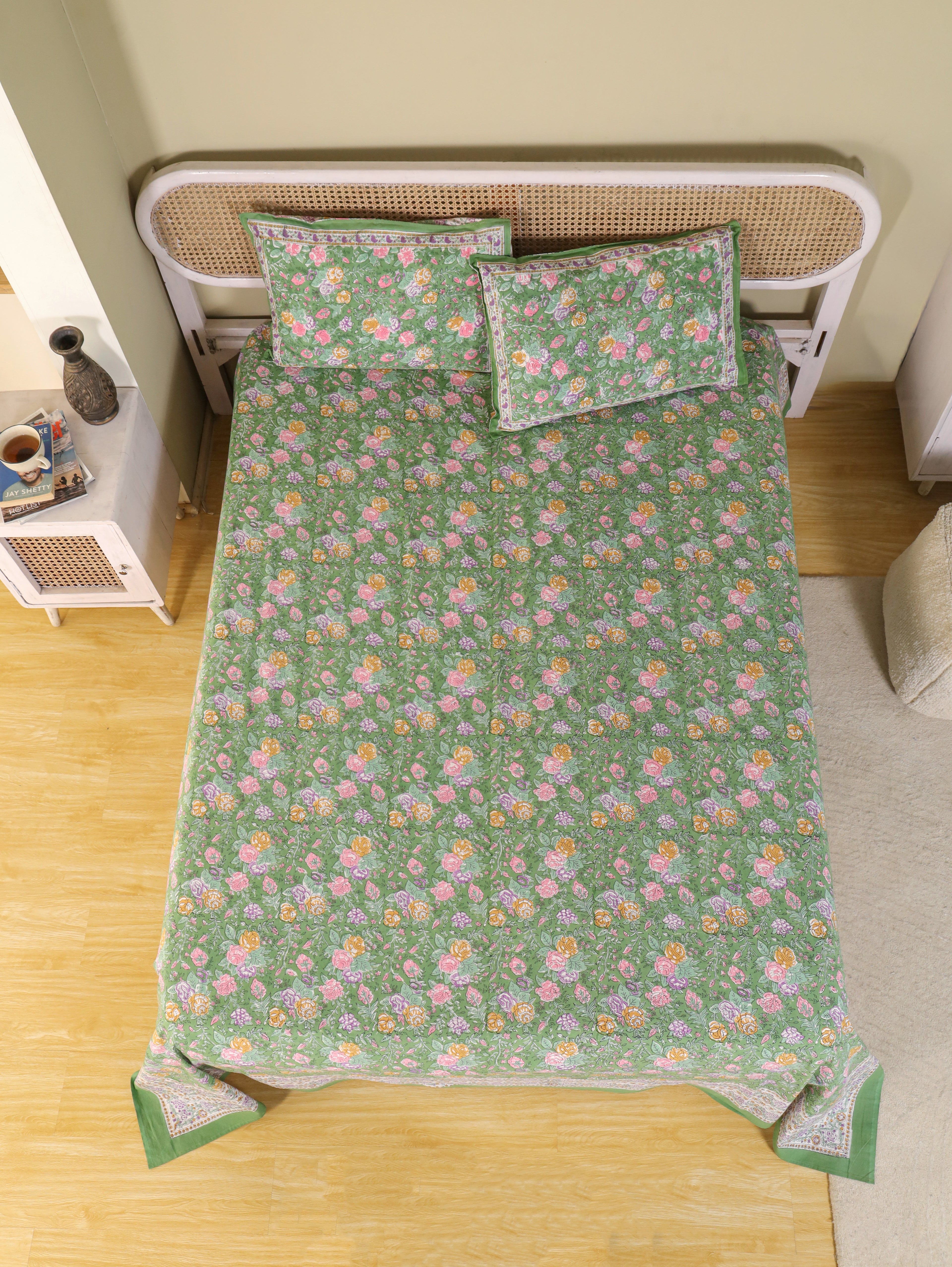 PACEFIC GREEN FOREST HAND BLOCK PRINT HAND BLOCK PRINT COTTON BEDSHEET WITH PILLOW COVER