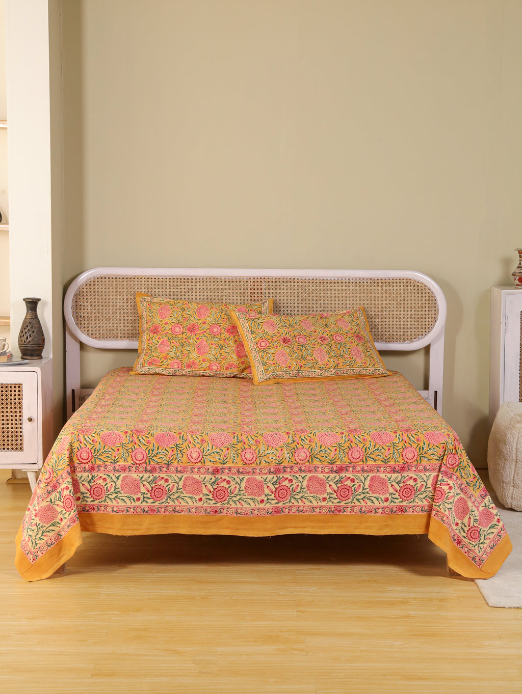MUSTARD FLORAL GARDEN HAND BLOCK PRINT COTTON BEDSHEET WITH PILLOW COVER