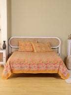 MUSTARD FLORAL GARDEN HAND BLOCK PRINT COTTON BEDSHEET WITH PILLOW COVER