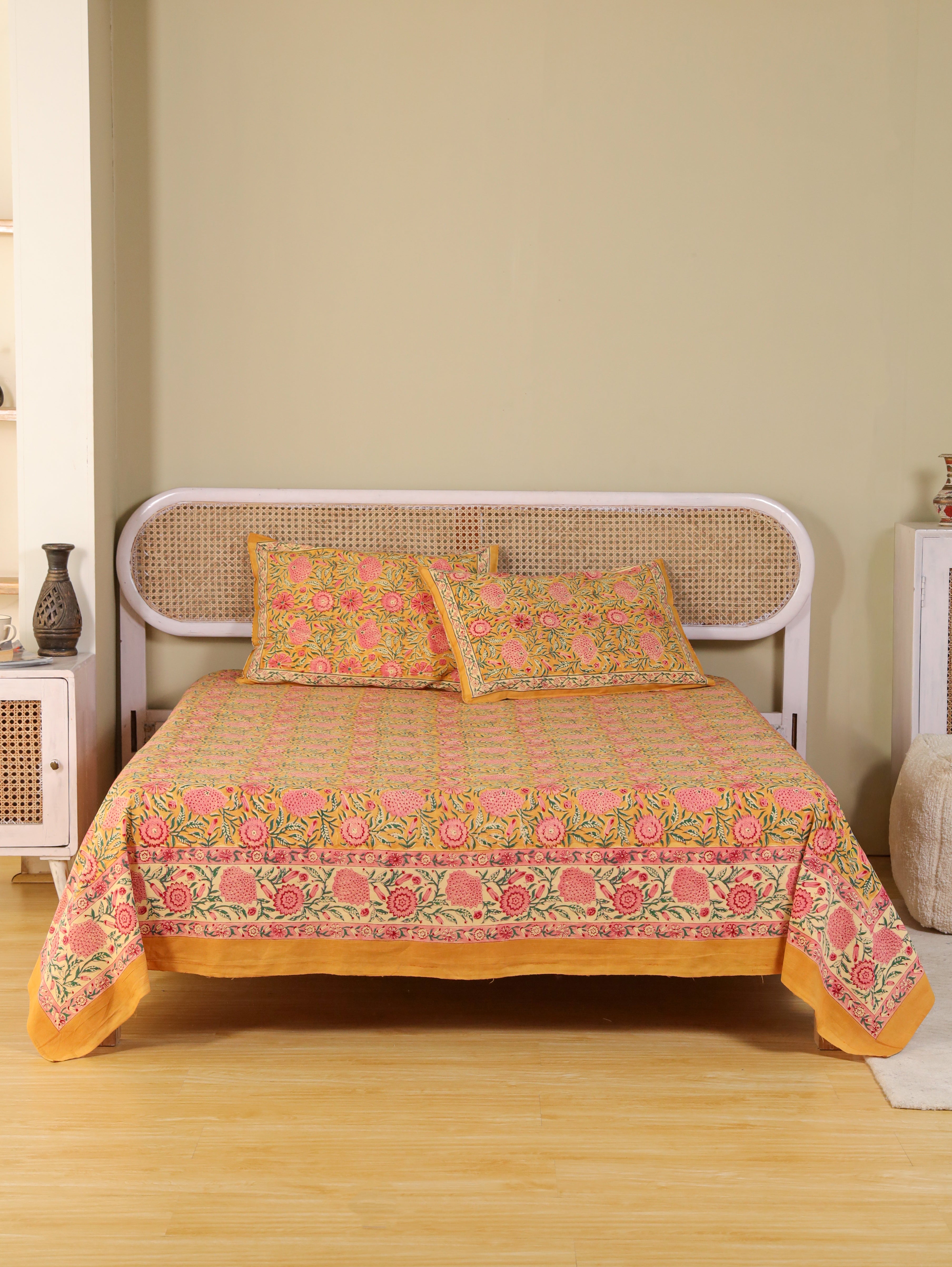 MUSTARD FLORAL GARDEN HAND BLOCK PRINT COTTON BEDSHEET WITH PILLOW COVER