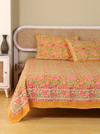 MUSTARD FLORAL GARDEN HAND BLOCK PRINT COTTON BEDSHEET WITH PILLOW COVER