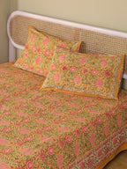 MUSTARD FLORAL GARDEN HAND BLOCK PRINT COTTON BEDSHEET WITH PILLOW COVER