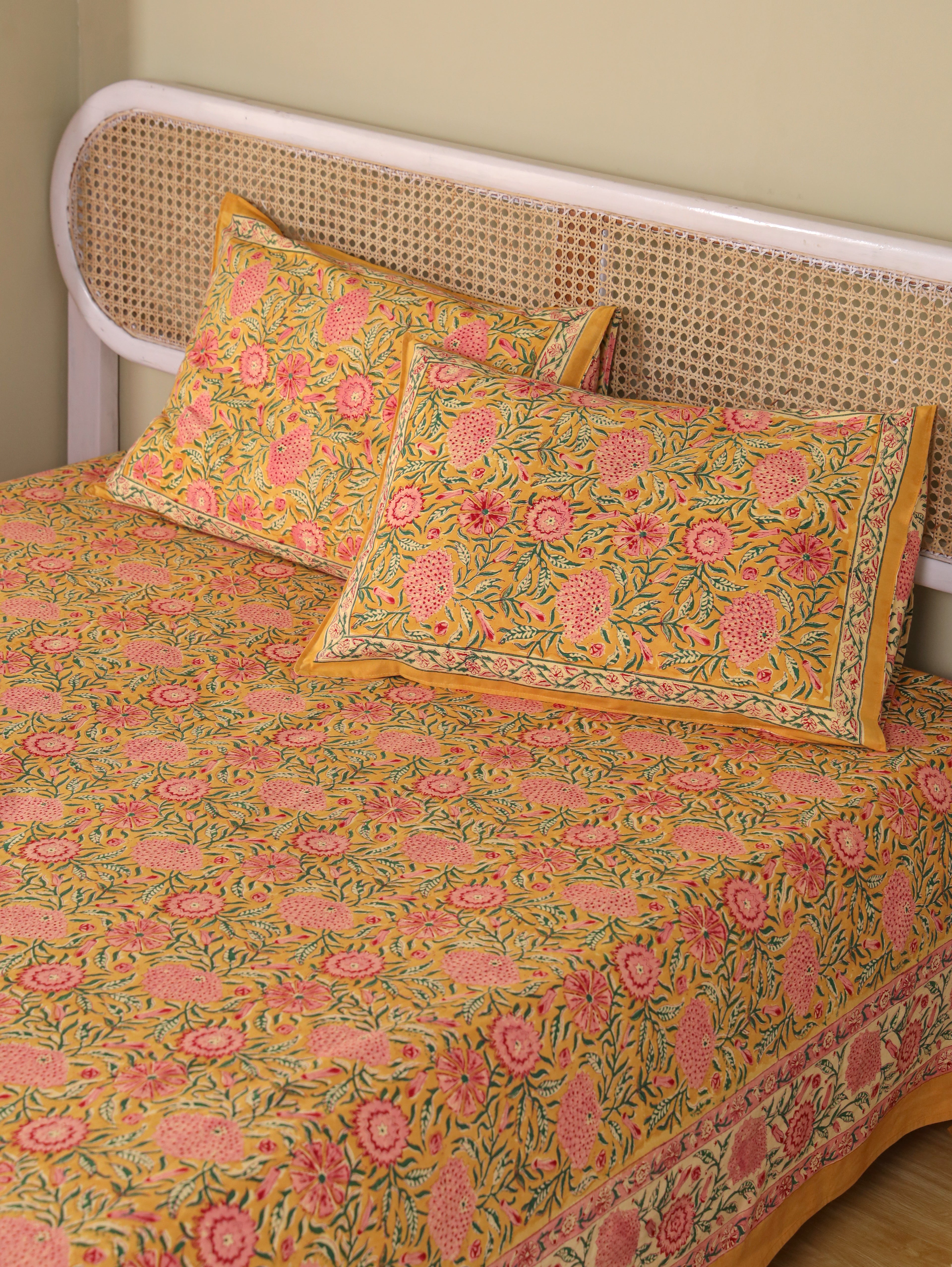 MUSTARD FLORAL GARDEN HAND BLOCK PRINT COTTON BEDSHEET WITH PILLOW COVER