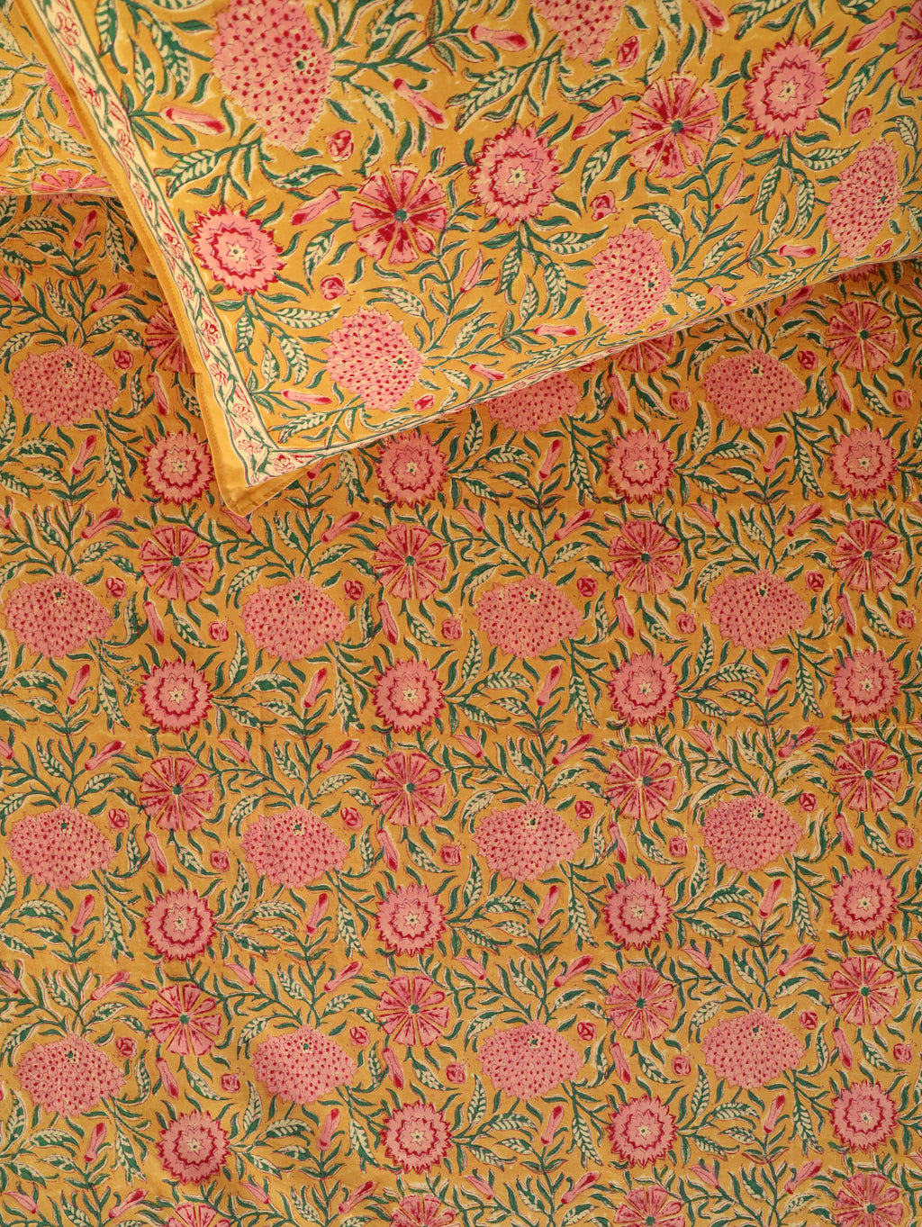 MUSTARD FLORAL GARDEN HAND BLOCK PRINT COTTON BEDSHEET WITH PILLOW COVER