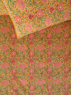 MUSTARD FLORAL GARDEN HAND BLOCK PRINT COTTON BEDSHEET WITH PILLOW COVER