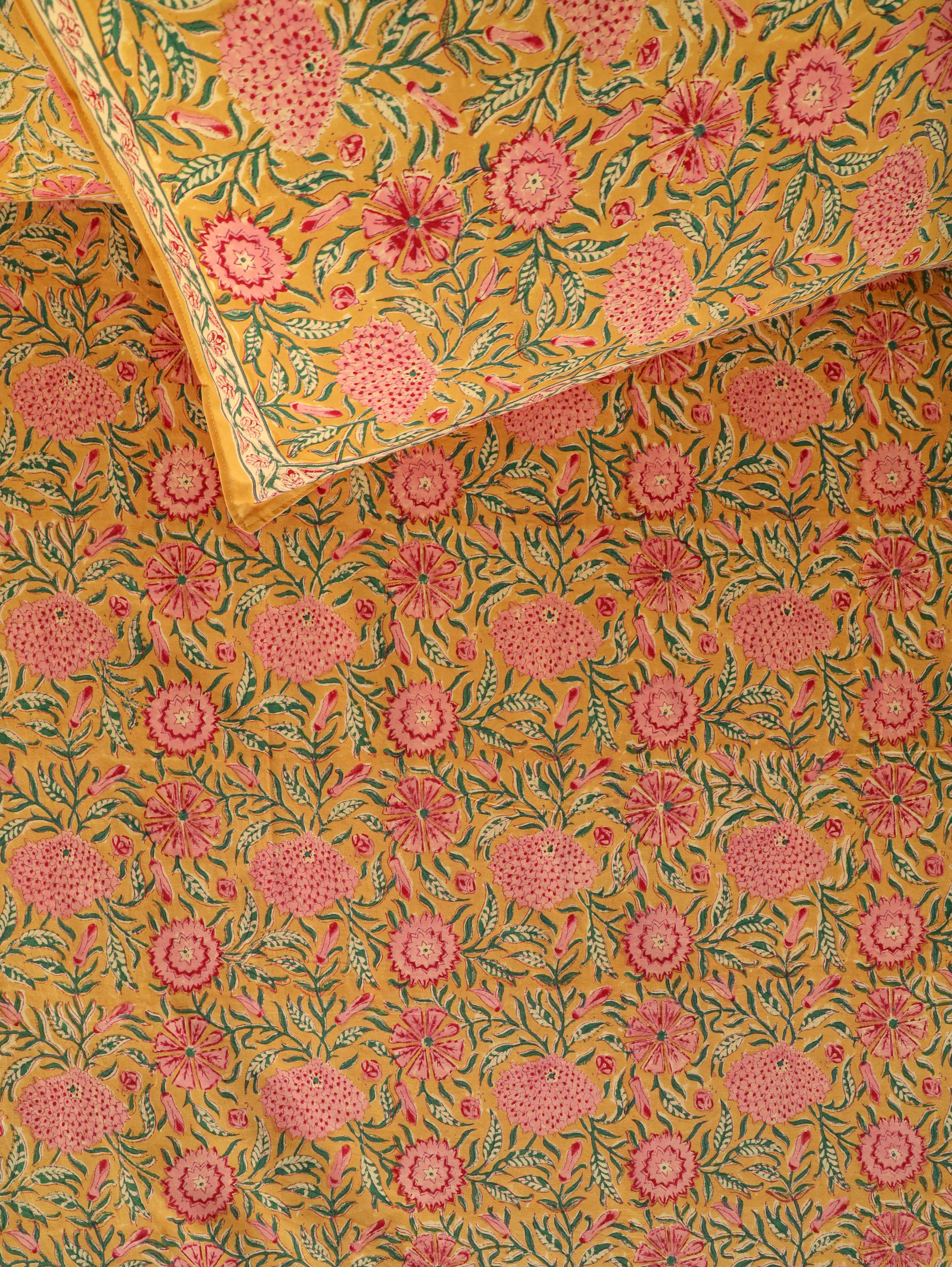 MUSTARD FLORAL GARDEN HAND BLOCK PRINT COTTON BEDSHEET WITH PILLOW COVER