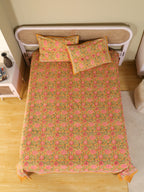 MUSTARD FLORAL GARDEN HAND BLOCK PRINT COTTON BEDSHEET WITH PILLOW COVER