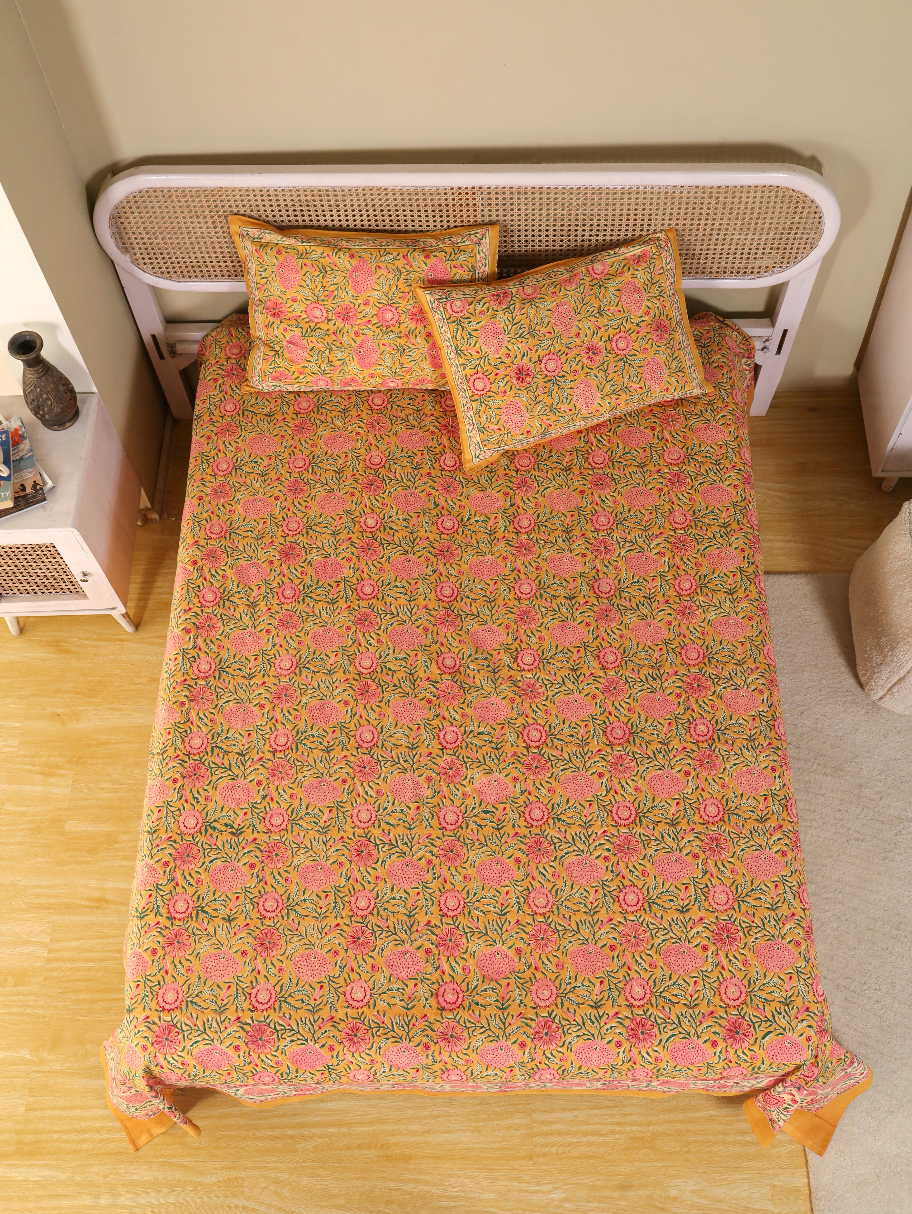 MUSTARD FLORAL GARDEN HAND BLOCK PRINT COTTON BEDSHEET WITH PILLOW COVER
