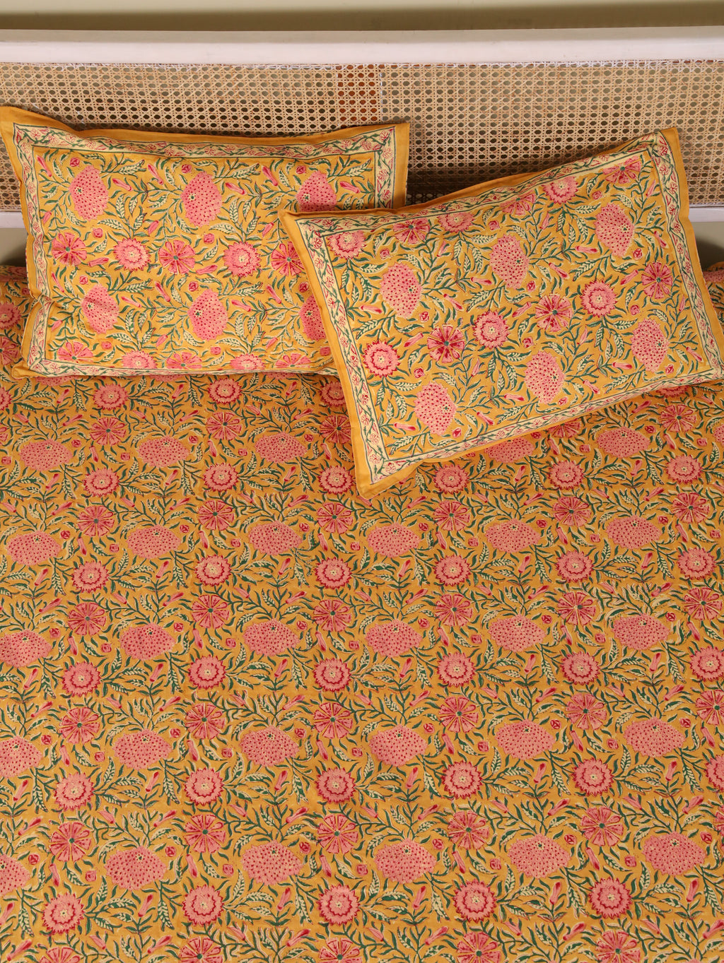 MUSTARD FLORAL GARDEN HAND BLOCK PRINT COTTON BEDSHEET WITH PILLOW COVER