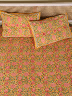 MUSTARD FLORAL GARDEN HAND BLOCK PRINT COTTON BEDSHEET WITH PILLOW COVER