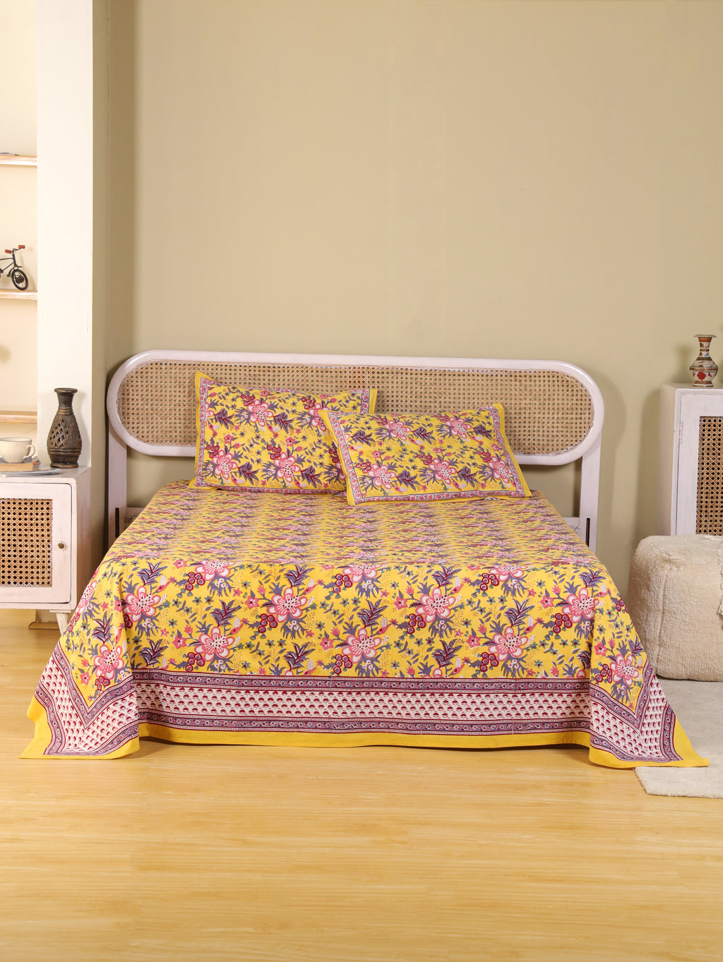 CLASSIC YELLOW MEHRAB HAND BLOCK PRINT COTTON BEDSHEET WITH PILLOW COVER
