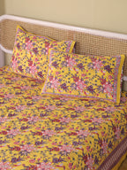 CLASSIC YELLOW MEHRAB HAND BLOCK PRINT COTTON BEDSHEET WITH PILLOW COVER