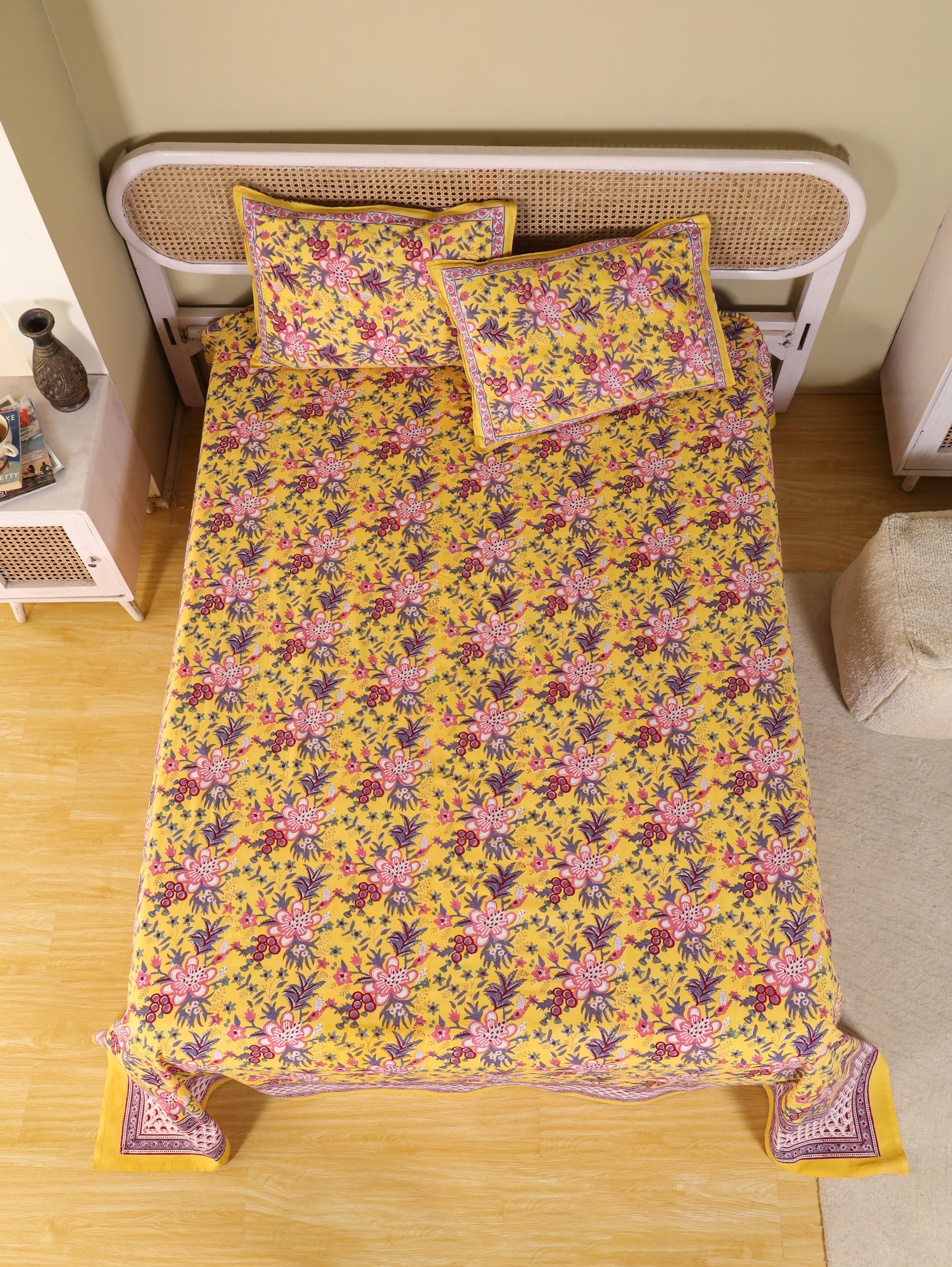 CLASSIC YELLOW MEHRAB HAND BLOCK PRINT COTTON BEDSHEET WITH PILLOW COVER