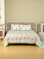 GREEN MUGAL GARDEN HAND BLOCK PRINT COTTON BEDSHEET WITH PILLOW COVER