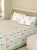 GREEN MUGAL GARDEN HAND BLOCK PRINT COTTON BEDSHEET WITH PILLOW COVER