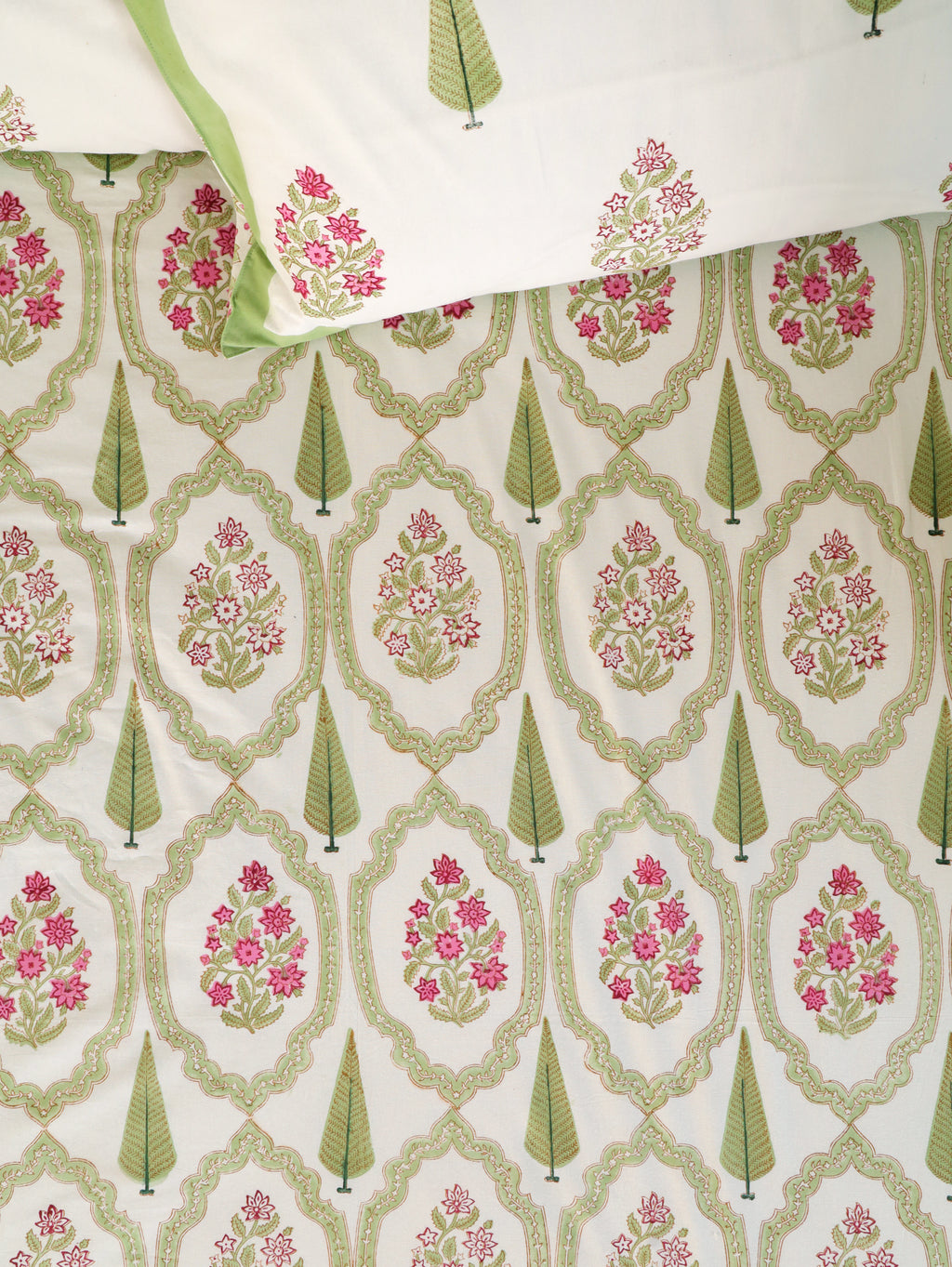 GREEN MUGAL GARDEN HAND BLOCK PRINT COTTON BEDSHEET WITH PILLOW COVER
