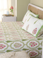 GREEN MUGAL GARDEN HAND BLOCK PRINT COTTON BEDSHEET WITH PILLOW COVER