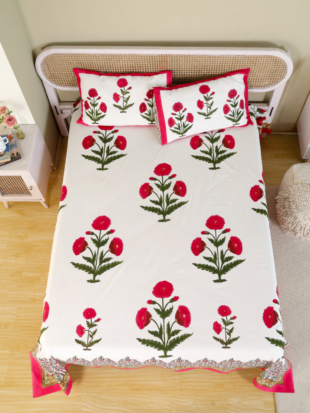 ROYAL RED POPPY HAND BLOCK PRINT COTTON BEDSHEET WITH PILLOW COVER