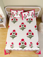 ROYAL RED POPPY HAND BLOCK PRINT COTTON BEDSHEET WITH PILLOW COVER