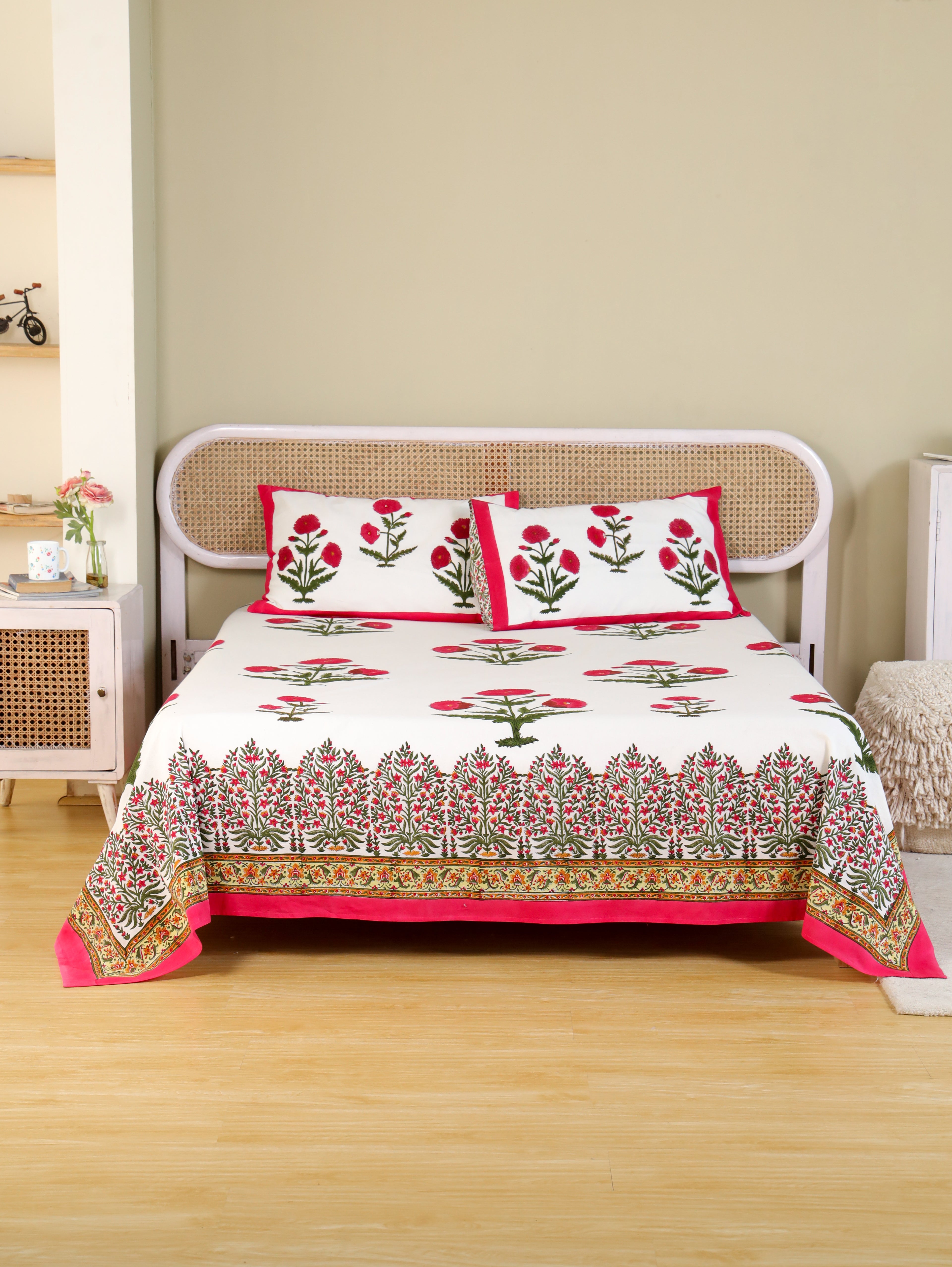 ROYAL RED POPPY HAND BLOCK PRINT COTTON BEDSHEET WITH PILLOW COVER