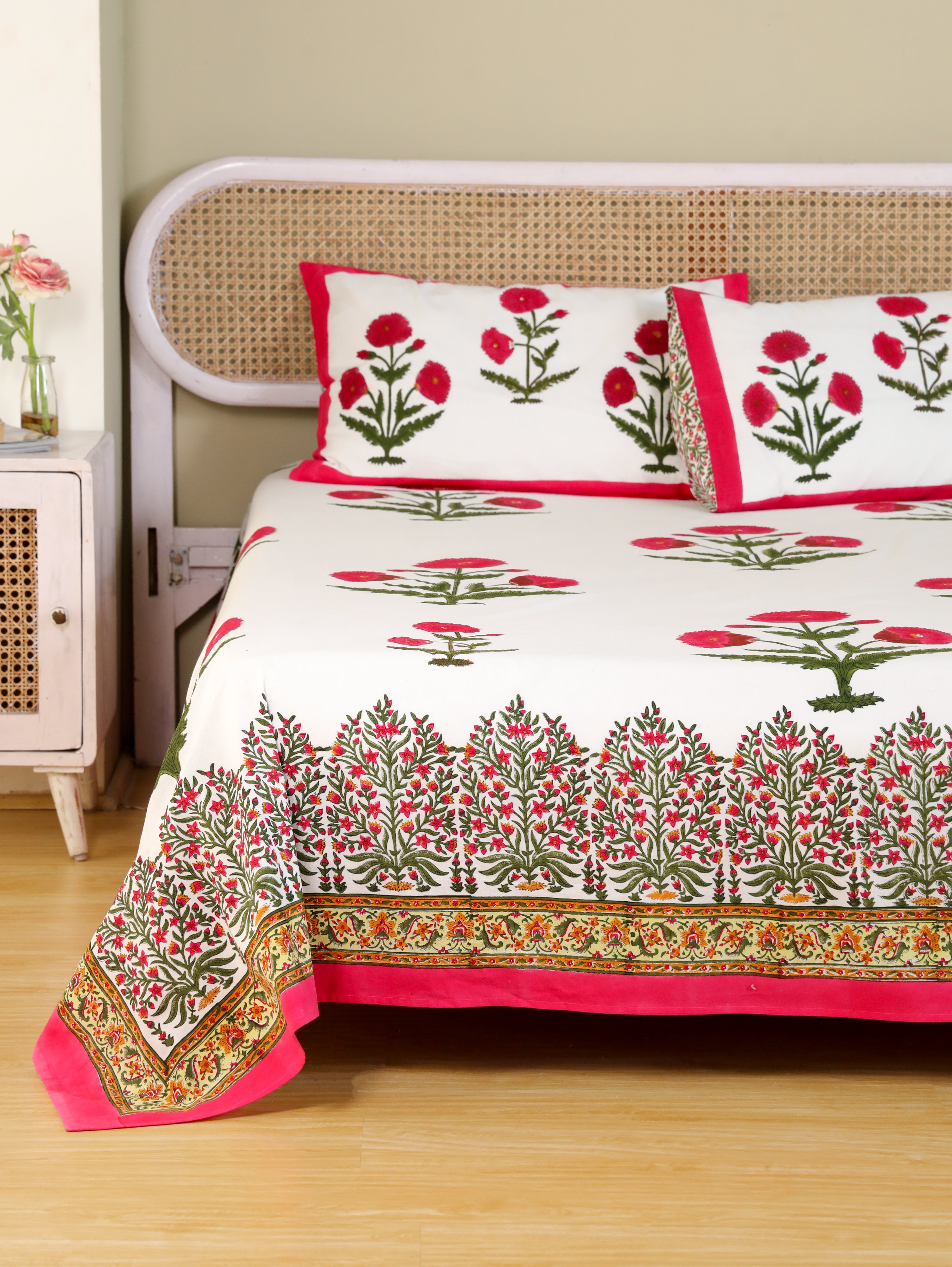 ROYAL RED POPPY HAND BLOCK PRINT COTTON BEDSHEET WITH PILLOW COVER