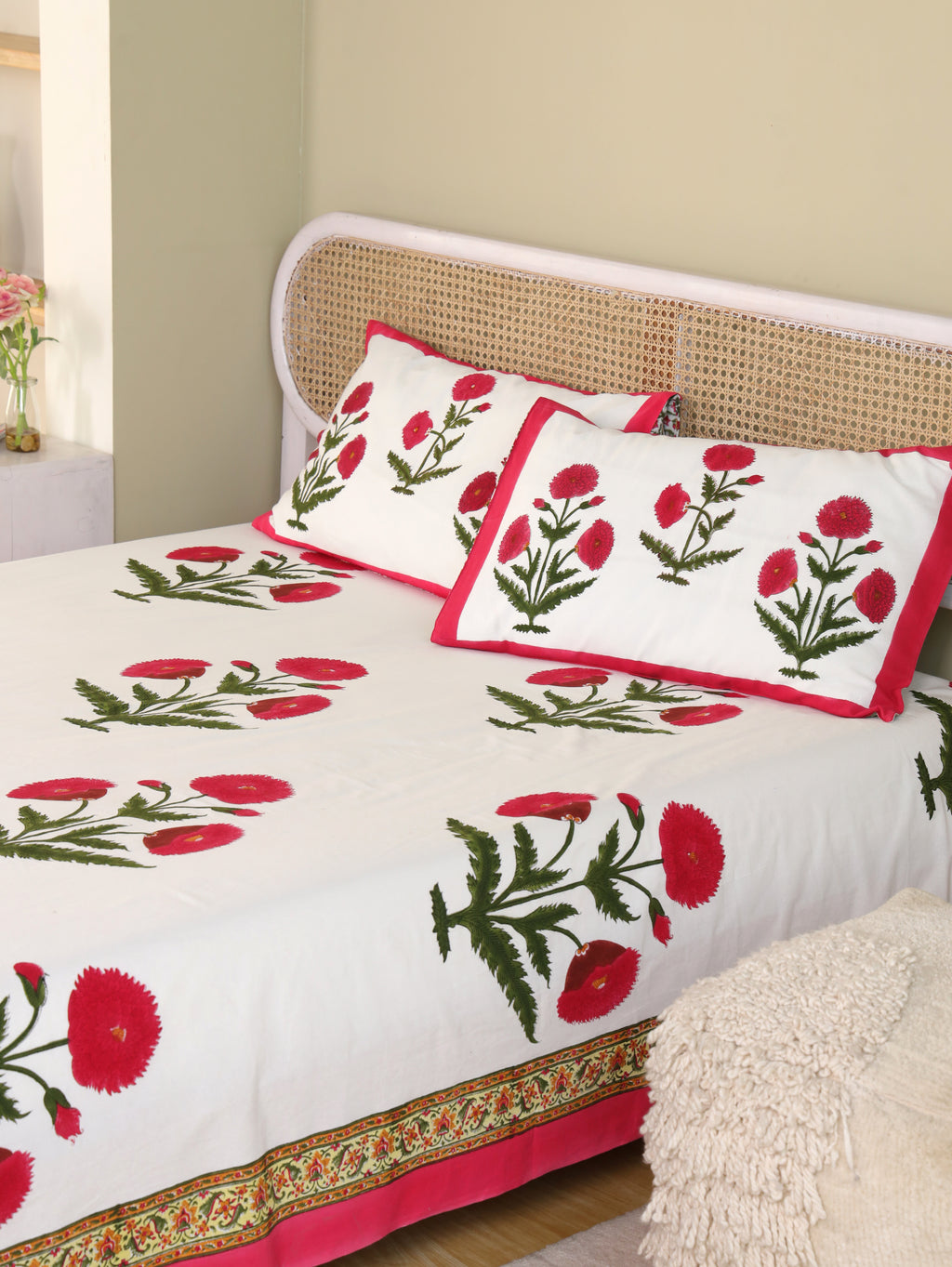 ROYAL RED POPPY HAND BLOCK PRINT COTTON BEDSHEET WITH PILLOW COVER