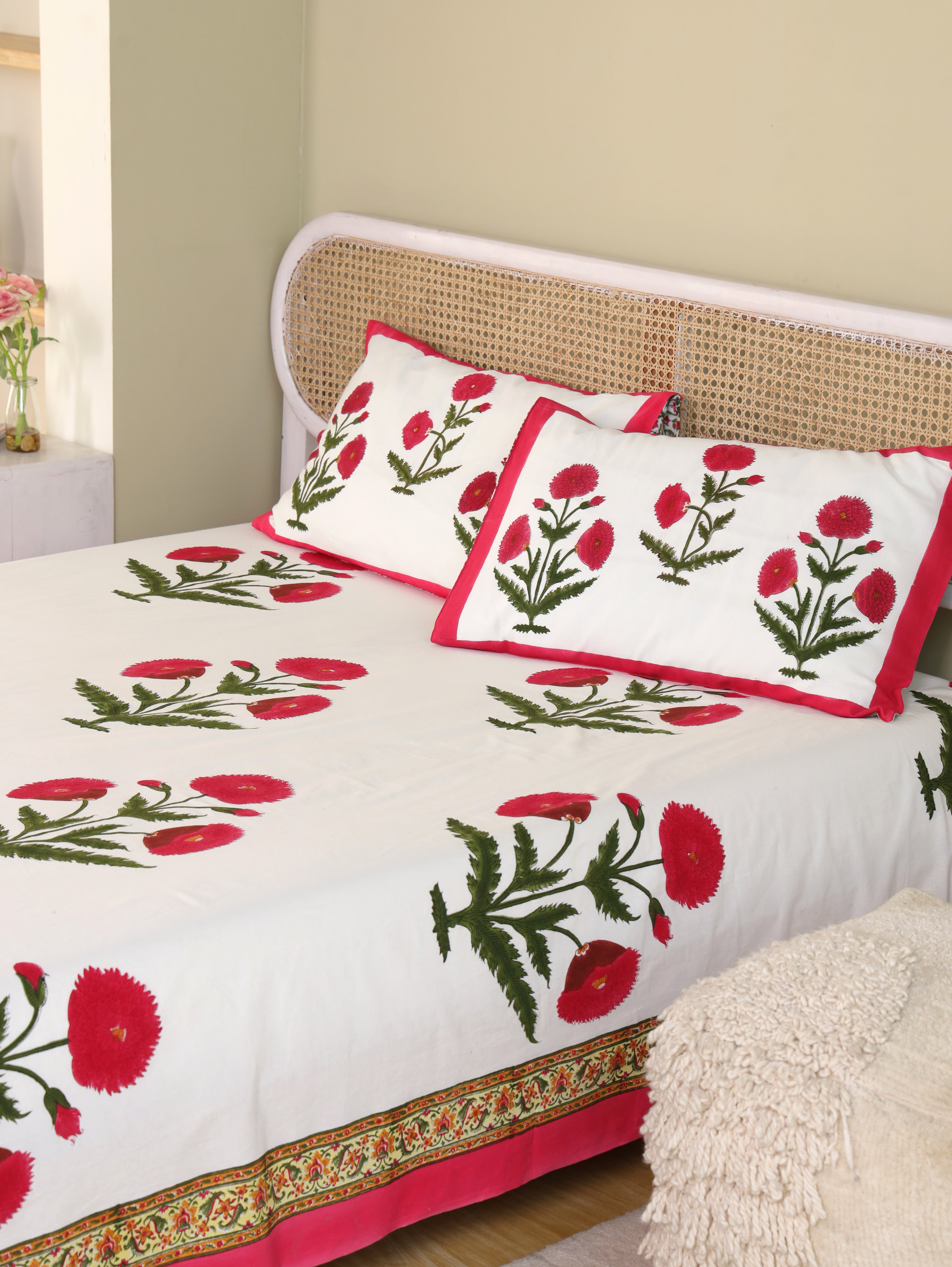 ROYAL RED POPPY HAND BLOCK PRINT COTTON BEDSHEET WITH PILLOW COVER