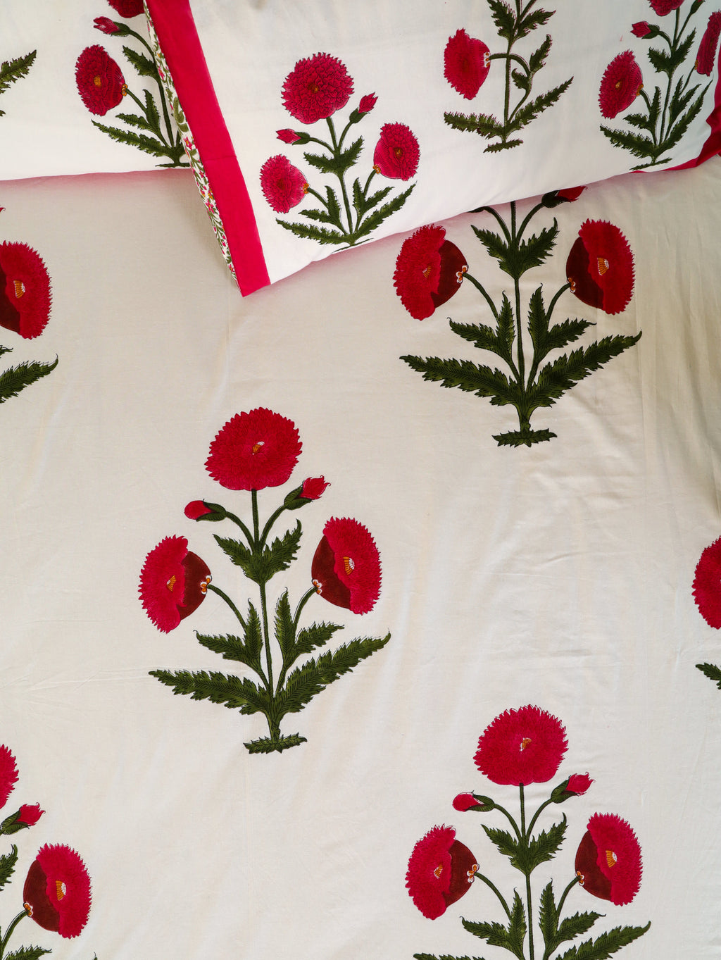 ROYAL RED POPPY HAND BLOCK PRINT COTTON BEDSHEET WITH PILLOW COVER