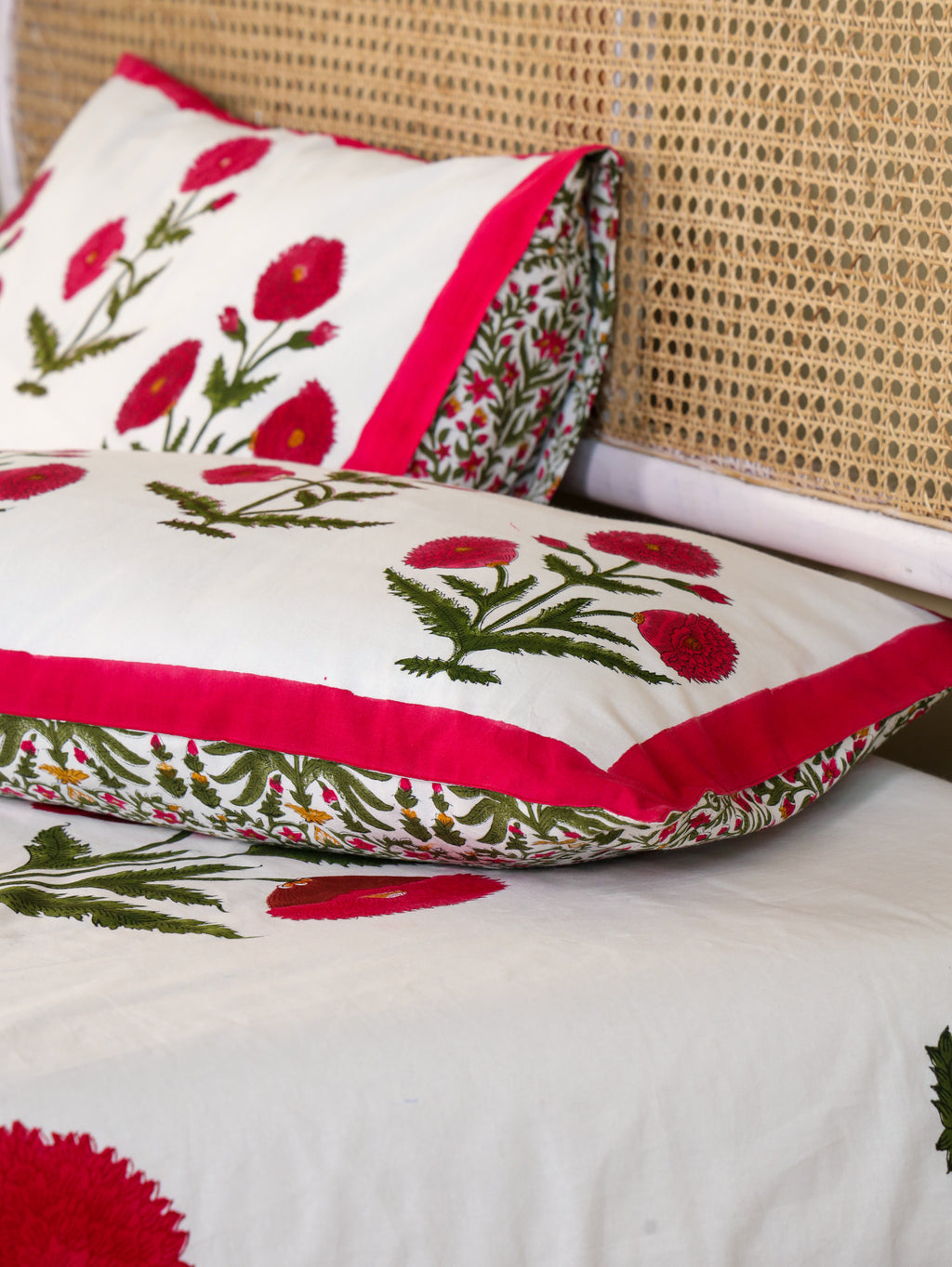 ROYAL RED POPPY HAND BLOCK PRINT COTTON BEDSHEET WITH PILLOW COVER