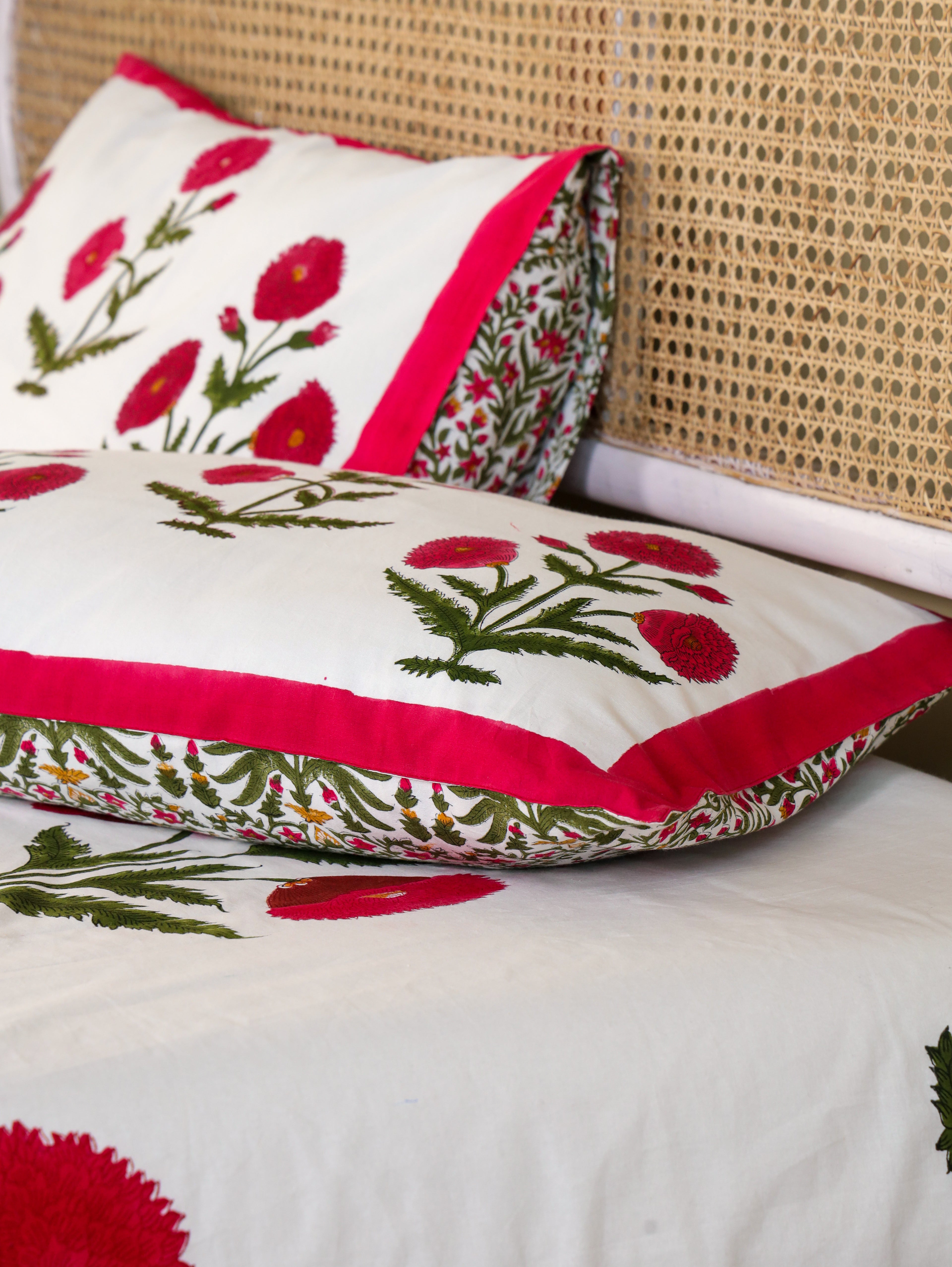 ROYAL RED POPPY HAND BLOCK PRINT COTTON BEDSHEET WITH PILLOW COVER