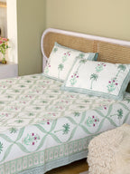 VINTAGE MUGAL MEHRAB HAND BLOCK PRINT COTTON BEDSHEET WITH PILLOW COVER