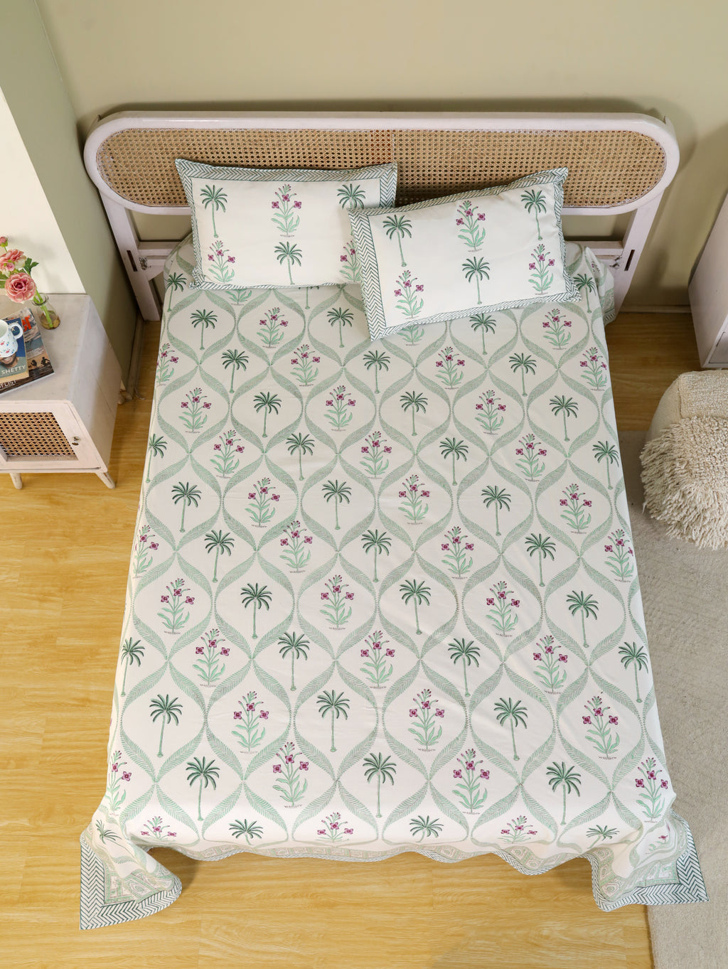 VINTAGE MUGAL MEHRAB HAND BLOCK PRINT COTTON BEDSHEET WITH PILLOW COVER