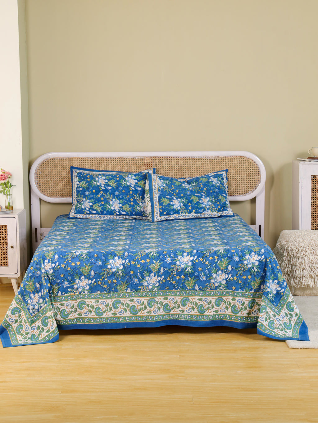 ROYAL INDIGO GLORY HAND BLOCK PRINT COTTON BEDSHEET WITH PILLOW COVER