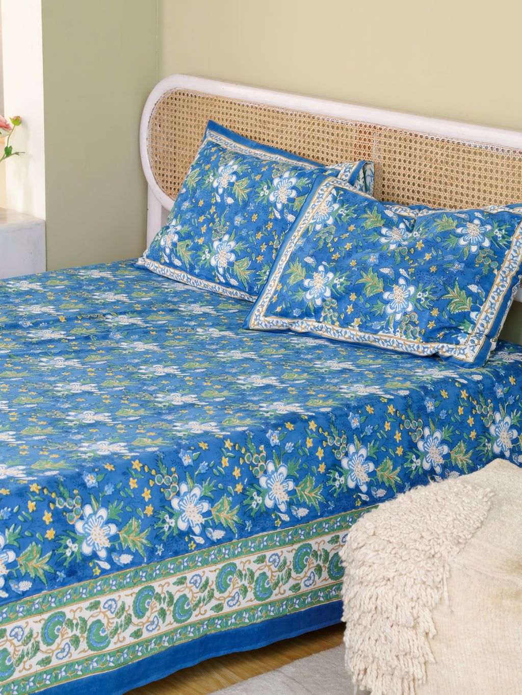 ROYAL INDIGO GLORY HAND BLOCK PRINT COTTON BEDSHEET WITH PILLOW COVER