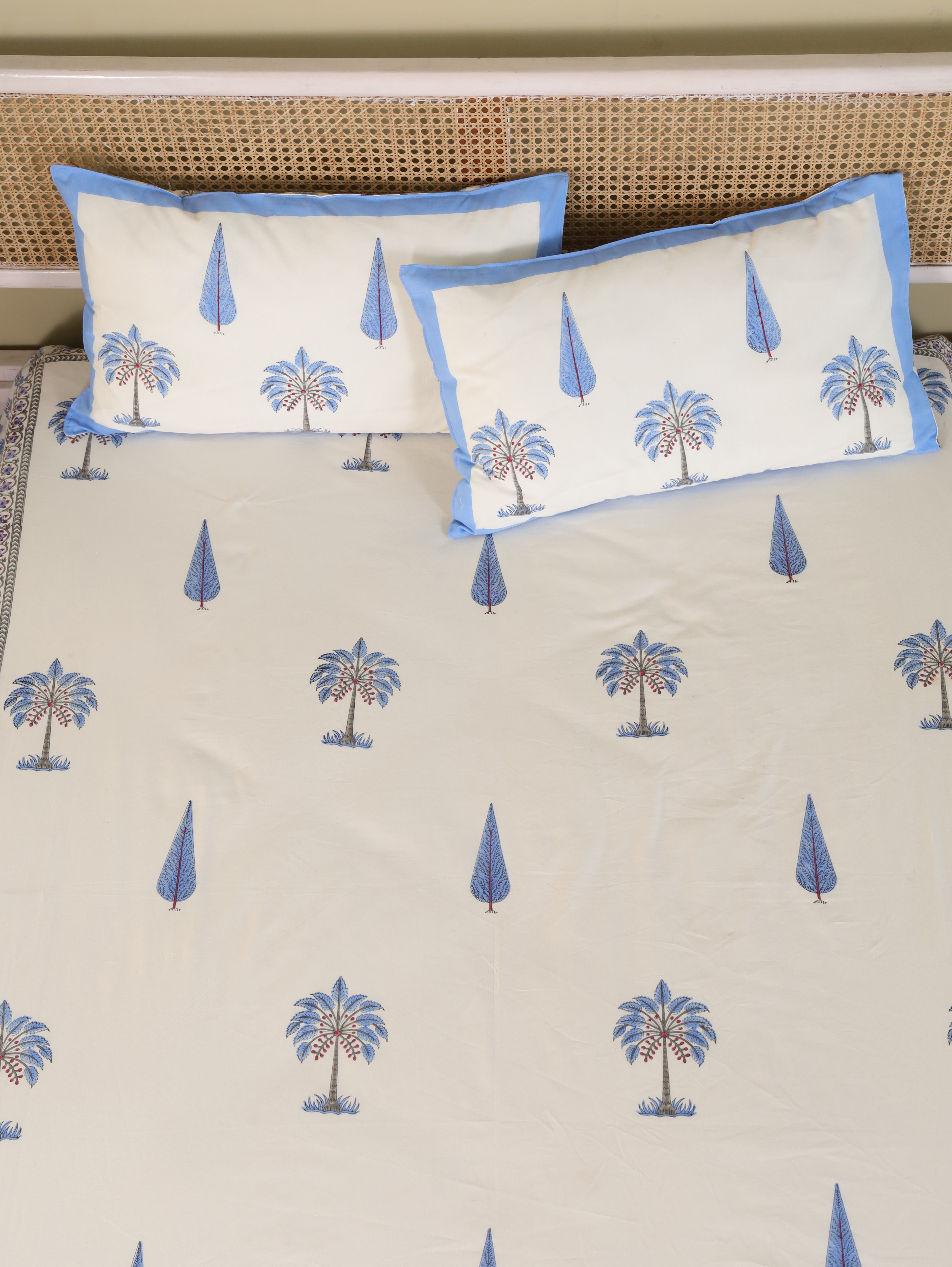 ROYAL BLUE PALMTREE HAND BLOCK PRINT COTTON BEDSHEET WITH PILLOW COVER