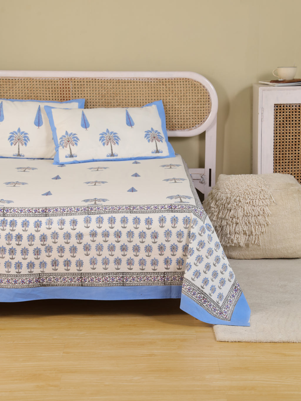 ROYAL BLUE PALMTREE HAND BLOCK PRINT COTTON BEDSHEET WITH PILLOW COVER