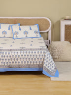 ROYAL BLUE PALMTREE HAND BLOCK PRINT COTTON BEDSHEET WITH PILLOW COVER