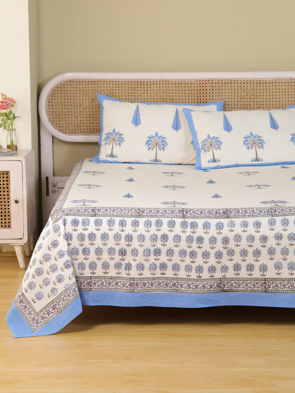 ROYAL BLUE PALMTREE HAND BLOCK PRINT COTTON BEDSHEET WITH PILLOW COVER