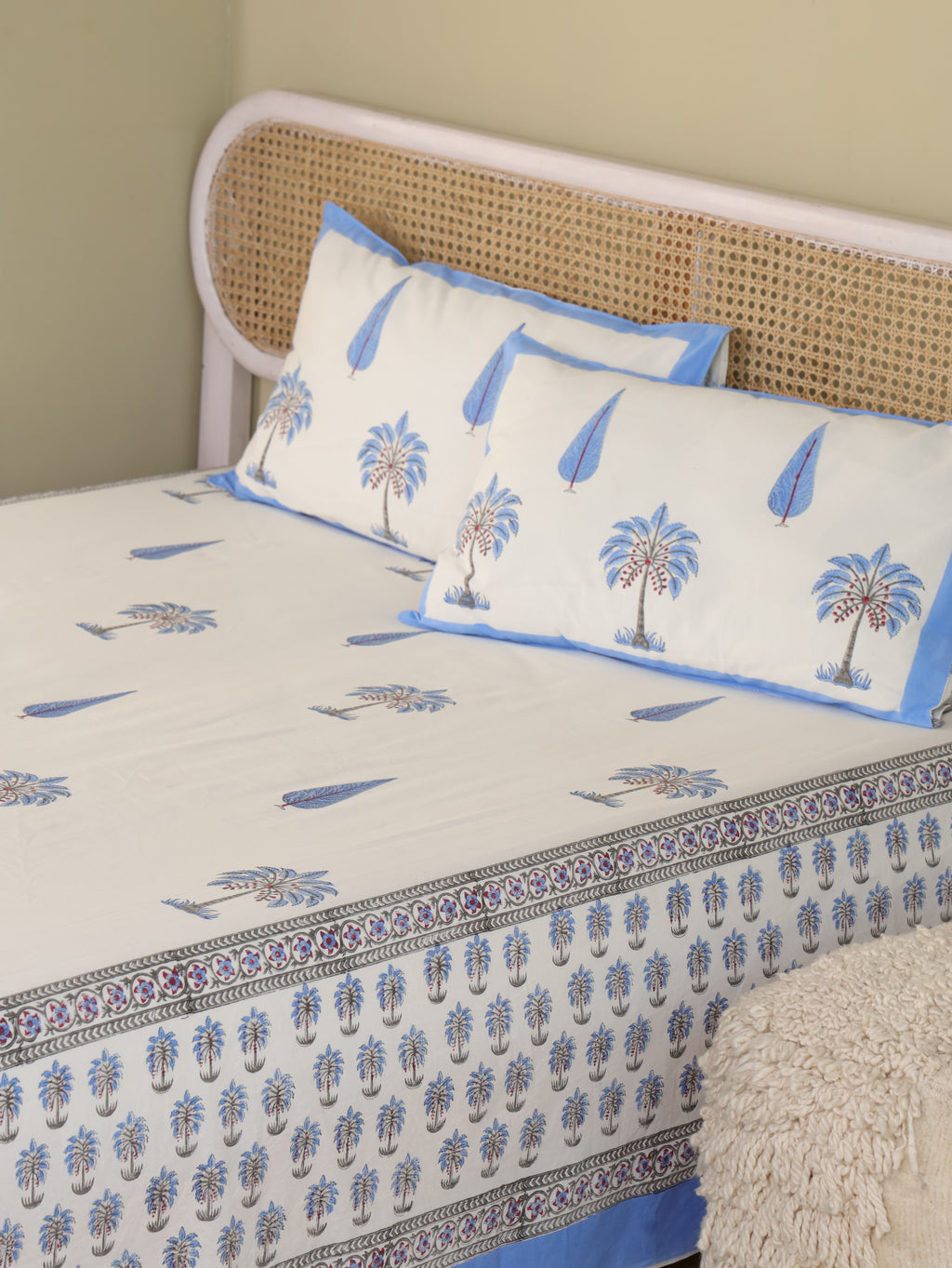 ROYAL BLUE PALMTREE HAND BLOCK PRINT COTTON BEDSHEET WITH PILLOW COVER