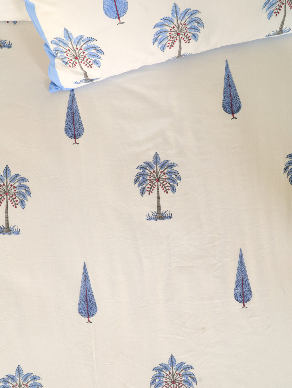 ROYAL BLUE PALMTREE HAND BLOCK PRINT COTTON BEDSHEET WITH PILLOW COVER