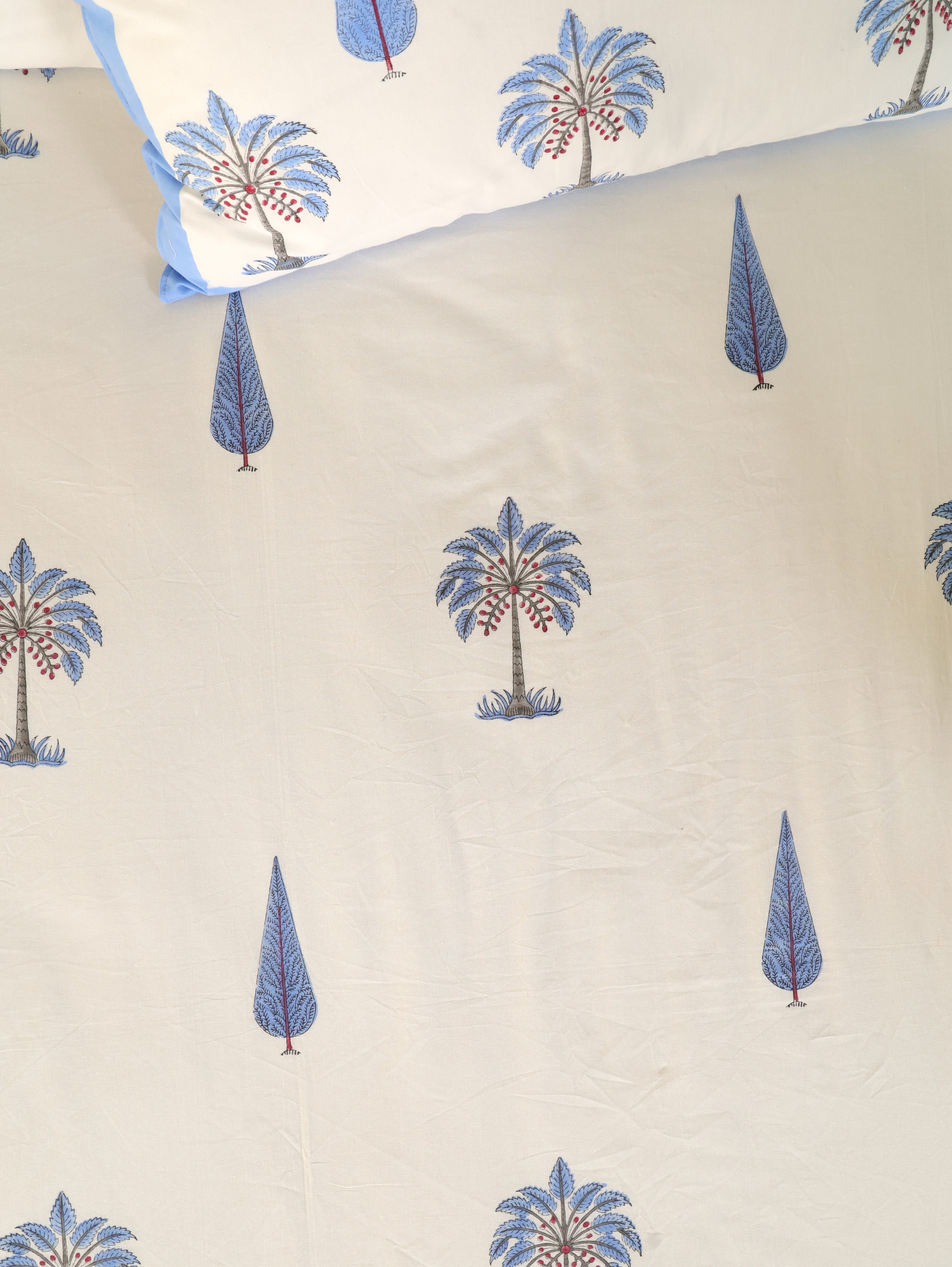 ROYAL BLUE PALMTREE HAND BLOCK PRINT COTTON BEDSHEET WITH PILLOW COVER