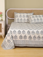 ROYAL BLACK BUTTA HAND BLOCK PRINT COTTON BEDSHEET WITH PILLOW COVER