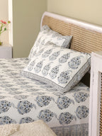 ROYAL BLACK BUTTA HAND BLOCK PRINT COTTON BEDSHEET WITH PILLOW COVER