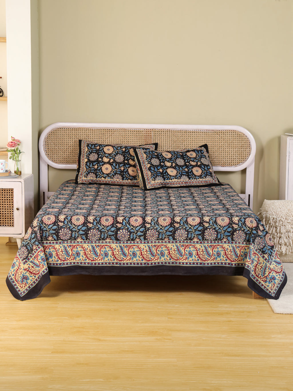 DEEP BLACK FOREST HAND BLOCK PRINT COTTON BEDSHEET WITH PILLOW COVER