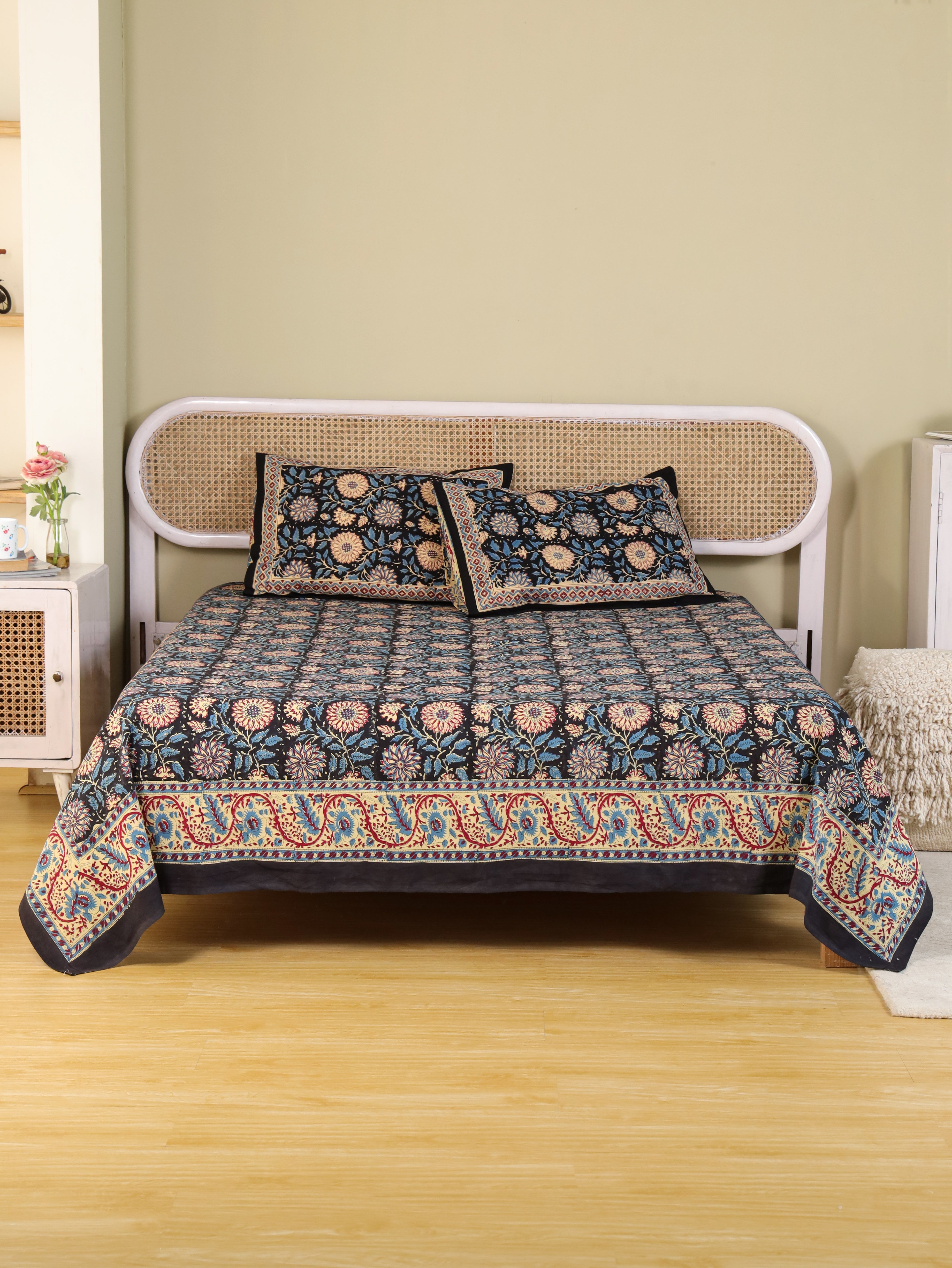 DEEP BLACK FOREST HAND BLOCK PRINT COTTON BEDSHEET WITH PILLOW COVER